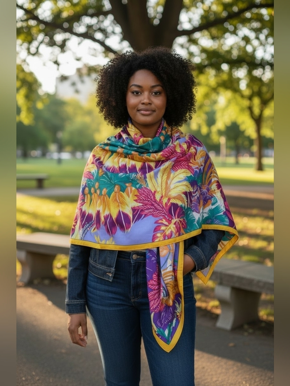 EUC HERMES Vibrant Floral Print 100% SILK SHAWL 50x50x50